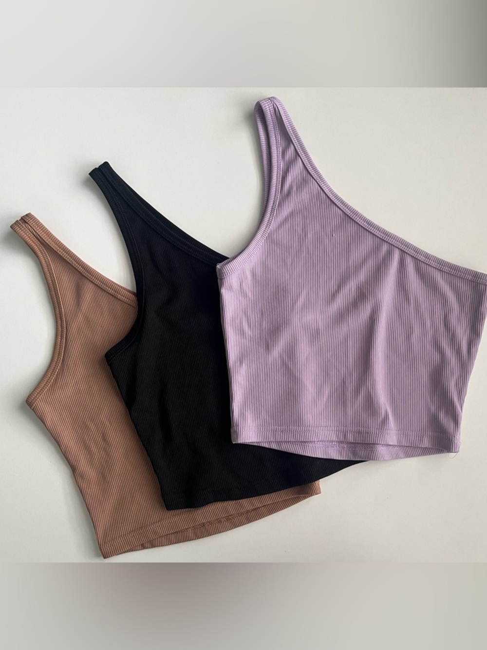 Ribbed One-Shoulder Crop Tops - Lavender, Black & Taupe (Set of 3)